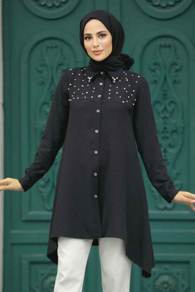 Neva Style - İnci Detaylı Siyah Tesettür Tunik 4602S - 1