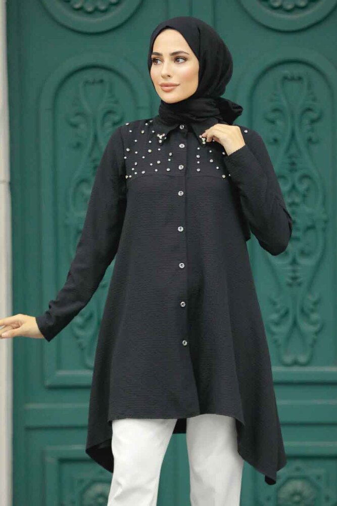Neva Style - İnci Detaylı Siyah Tesettür Tunik 4602S - 2