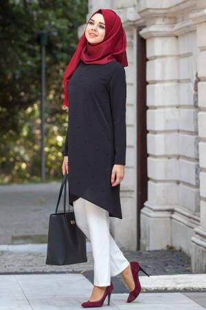 Neva Style - İnci Detaylı Siyah Tunik - 1