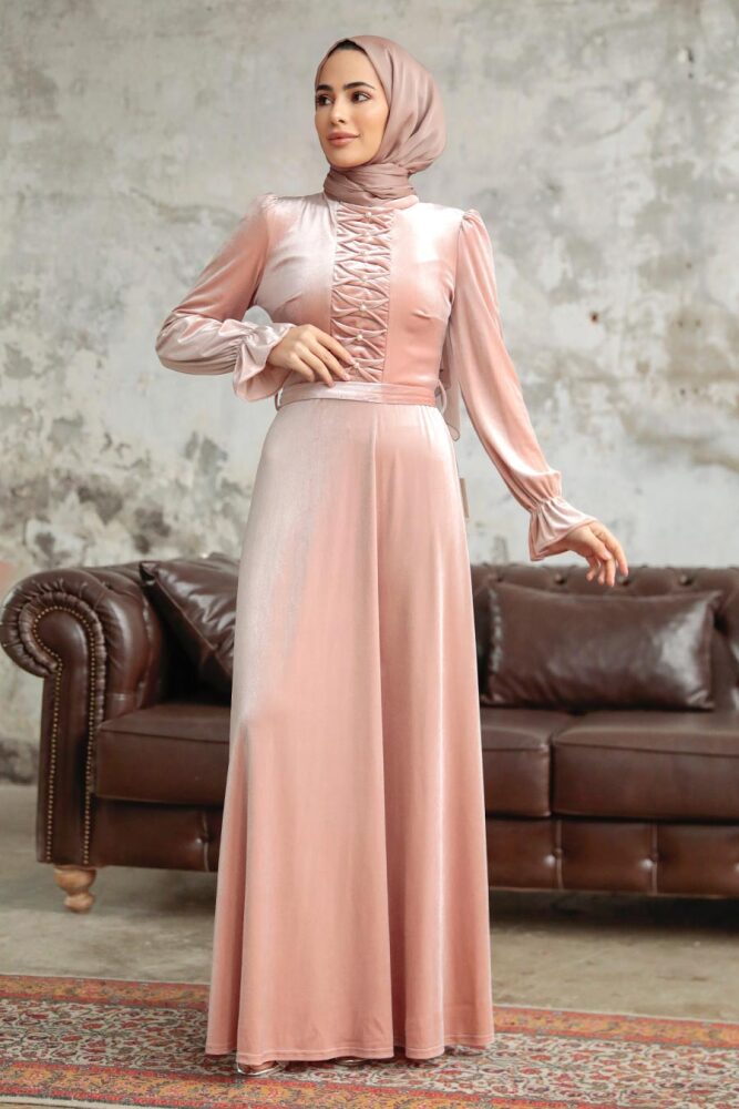 Neva Style - İnci Detaylı Somon Tesettür Kadife Elbise 37091SMN - 1