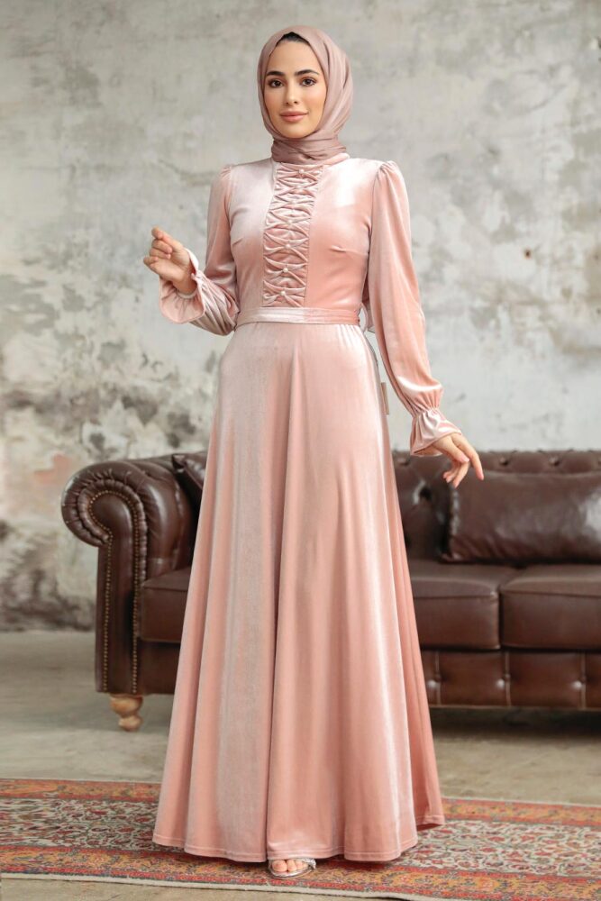 Neva Style - İnci Detaylı Somon Tesettür Kadife Elbise 37091SMN - 2