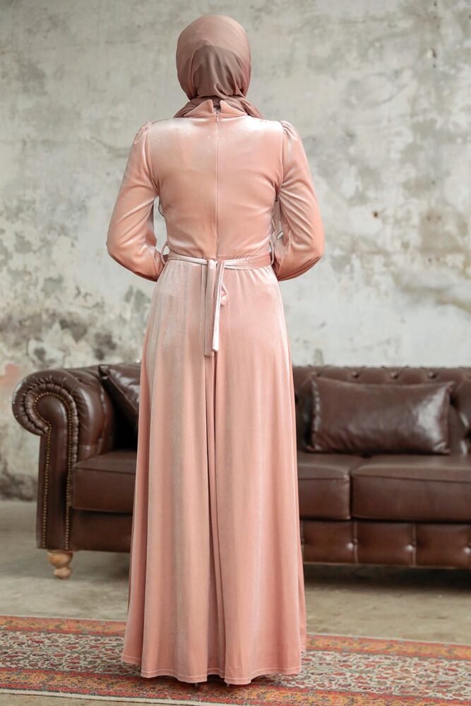 Neva Style - İnci Detaylı Somon Tesettür Kadife Elbise 37091SMN - 3