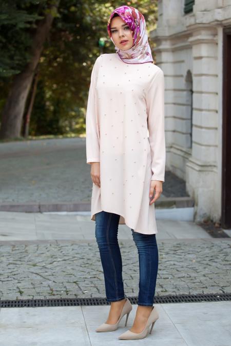 Neva Style - İnci Detaylı Somon Tunik - 2