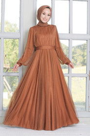 Neva Style - İnci Detaylı Taba Tesettür Abiye Elbise 50080TB - Thumbnail