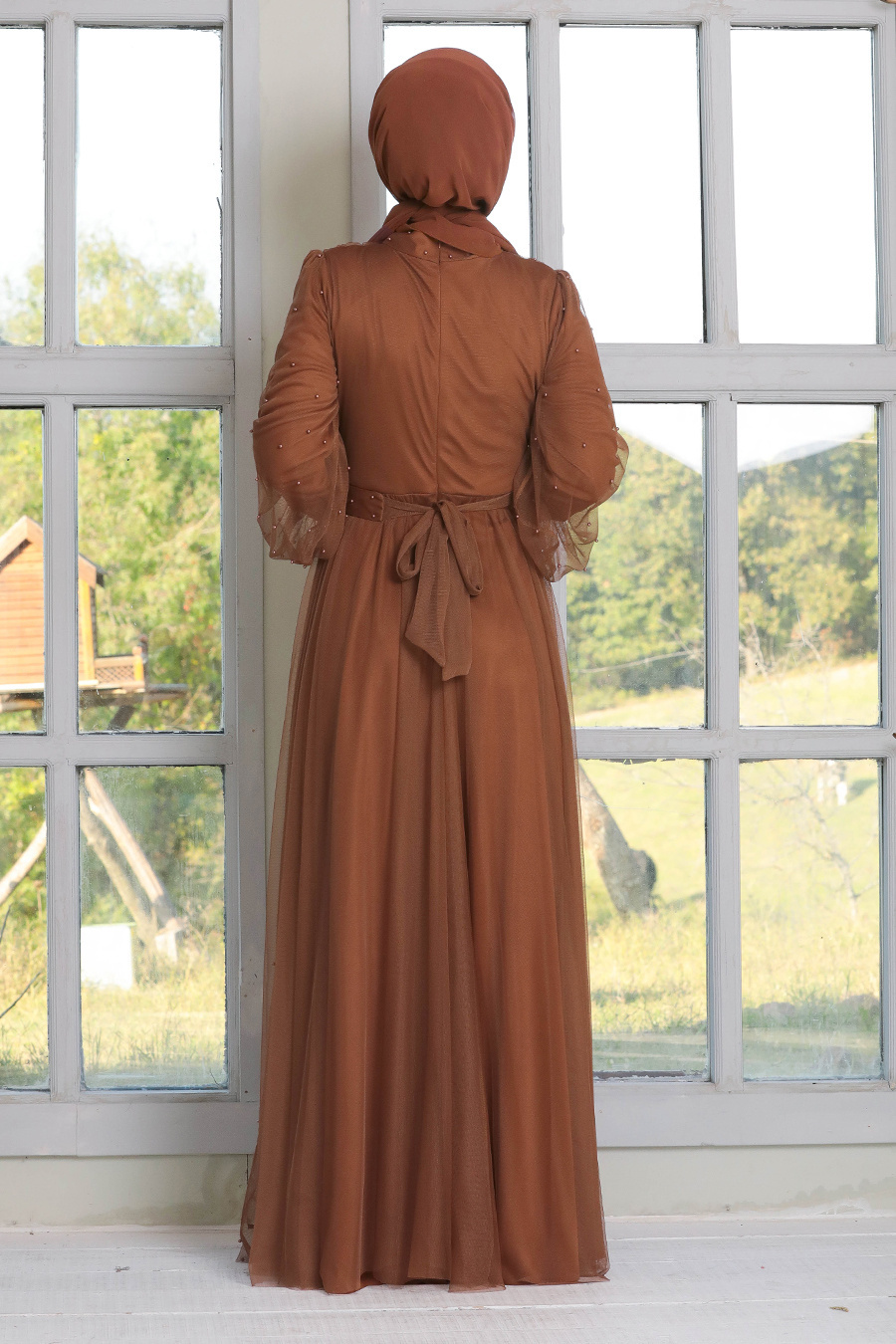 Neva Style - İnci Detaylı Taba Tesettür Abiye Elbise 50080TB