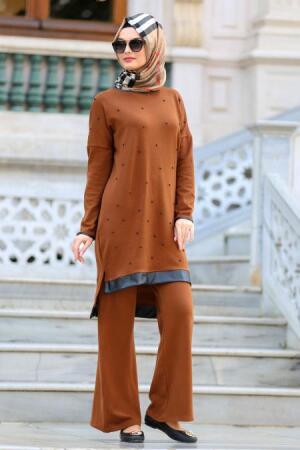 Neva Style - İnci Detaylı Taba Tesettür Triko Takım 1585TB - 1