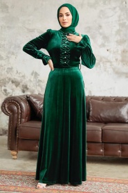 Neva Style - İnci Detaylı Zümrüt Yeşili Tesettür Kadife Elbise 37091ZY - Thumbnail