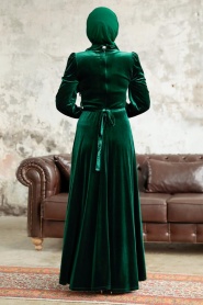 Neva Style - İnci Detaylı Zümrüt Yeşili Tesettür Kadife Elbise 37091ZY - Thumbnail