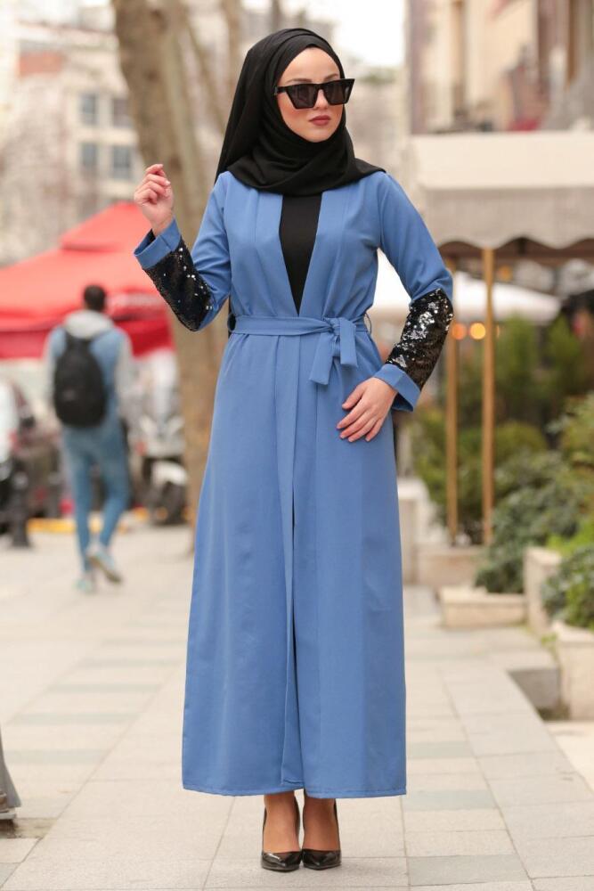 Pul Payetli İndigo Mavisi Tesettür Abaya 3304IM - 1