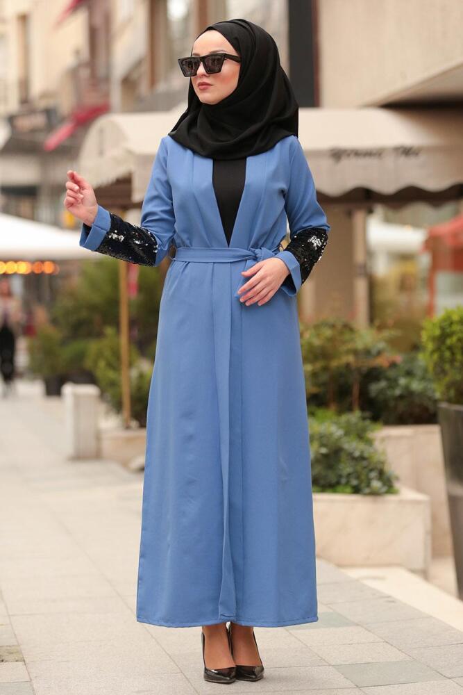 Pul Payetli İndigo Mavisi Tesettür Abaya 3304IM - 2
