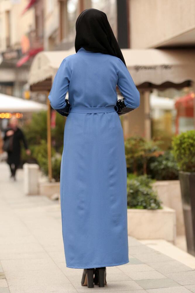 Pul Payetli İndigo Mavisi Tesettür Abaya 3304IM - 3