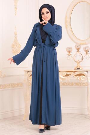 Kemerli İndigo Mavisi Tesettür Abaya 9414IM - 1