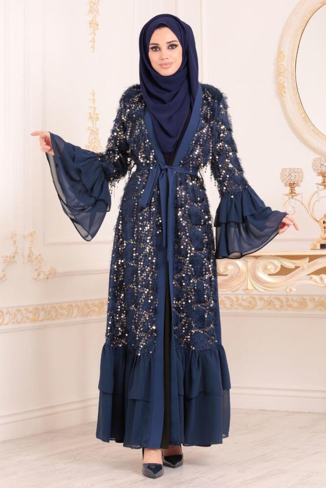 Püsküllü İndigo Mavisi Tesettür Abaya 9518IM - 1