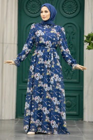 Neva Style - İndigo Blue Hijab Dress 29711IM - Thumbnail
