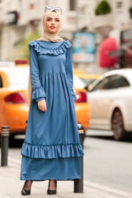 Fırfırlı İndigo Mavisi Tesettür Elbise 4015IM - Thumbnail