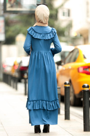 Fırfırlı İndigo Mavisi Tesettür Elbise 4015IM - Thumbnail