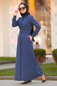 Gizli Düğmeli İndigo Mavisi Tesettür Elbise 42540IM - Thumbnail