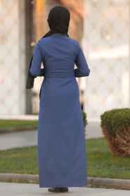 Gizli Düğmeli İndigo Mavisi Tesettür Elbise 42540IM - Thumbnail