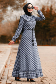Ekoseli Fırfırlı İndigo Mavisi Tesettür Elbise 83480IM - Thumbnail