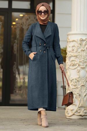 Neva Style - Indigo Blue Hijab Felt Coat 5494IM - 1