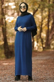 Neva Style - Indigo Blue Hijab Knitwear Dress 1048IM - Thumbnail