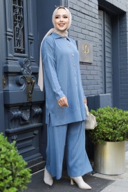 Neva Style - İndigo Blue Hijab Knitwear Dual Dress 33860IM - Thumbnail