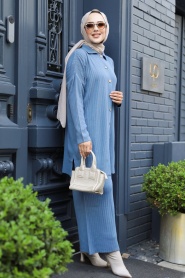 Neva Style - İndigo Blue Hijab Knitwear Dual Dress 33860IM - Thumbnail