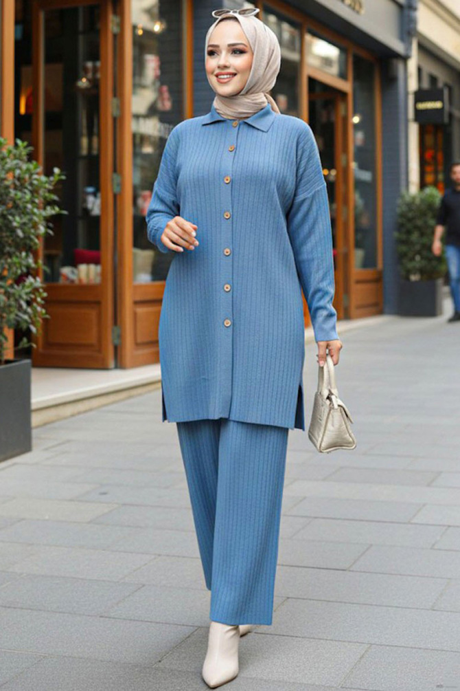Neva Style - İndigo Blue Hijab Knitwear Dual Dress 33860IM - NEVA STYLE
