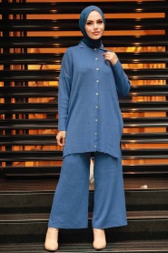 Neva Style - İndigo Blue Hijab Knitwear Dual Dress 33860IM - Thumbnail