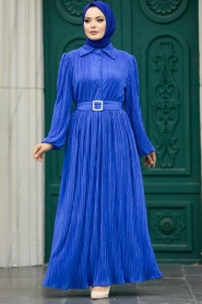 Neva Style - İndigo Blue Hijab Maxi Dress 5936IM - Thumbnail