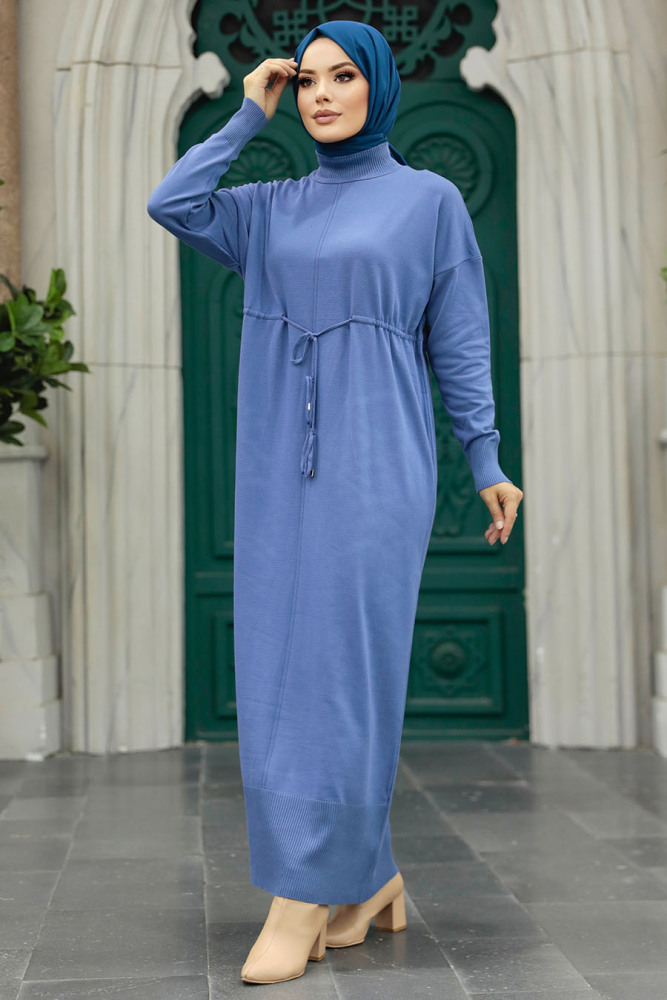 Neva Style - İndigo Blue Hijab Mercerized Dress 10158IM - 1