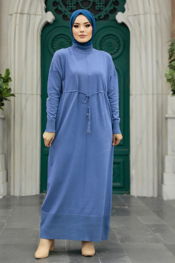 Neva Style - İndigo Blue Hijab Mercerized Dress 10158IM - 2