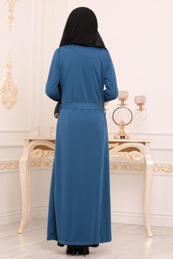 Kolları Dantelli İndigo Mavisi Tesettür Abaya 100357IM - 2