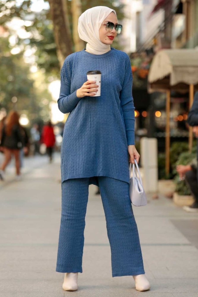 Neva Style - İndigo Blue Knitwear Muslim Dual Suit 33450IM - 1