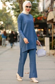 Neva Style - İndigo Blue Knitwear Muslim Dual Suit 33450IM - Thumbnail