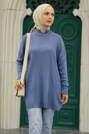 Neva Style - İndigo Blue Knitwear Muslim Tunic 20132IM - Thumbnail