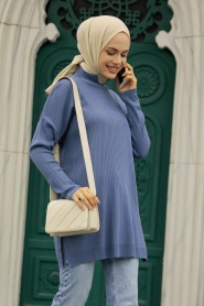 Neva Style - İndigo Blue Knitwear Muslim Tunic 20132IM - Thumbnail