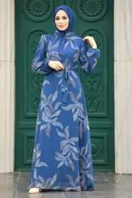 Neva Style - İndigo Blue Long Dress for Muslim Ladies 279310IM - Thumbnail