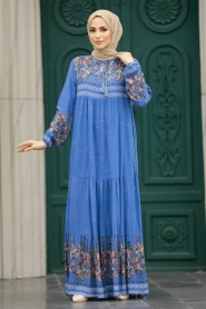 Neva Style - İndigo Blue Long Dress for Muslim Ladies 50095IM - Thumbnail