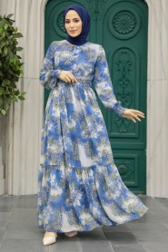 Neva Style - İndigo Blue Long Muslim Dress 33560IM - Thumbnail