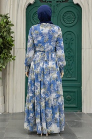 Neva Style - İndigo Blue Long Muslim Dress 33560IM - Thumbnail