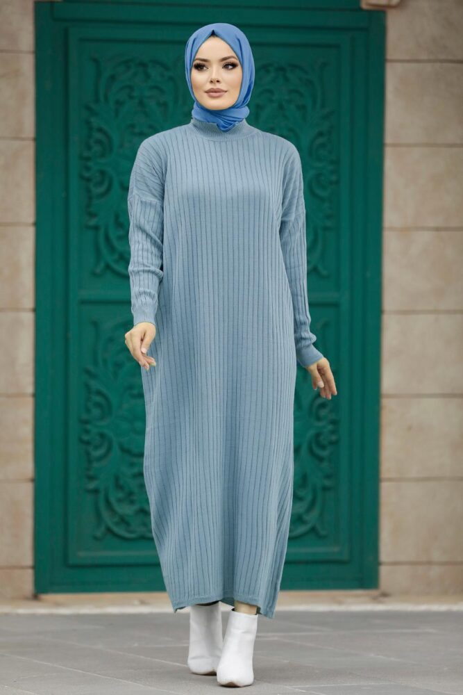 İndigo Blue Long Muslim Knitwear Dress 33671IM - 1