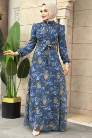 Neva Style - İndigo Blue Long Sleeve Dress 279327IM - Thumbnail