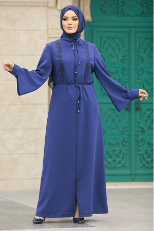 Neva Style - İndigo Blue Long Turkish Abaya 91502IM - Thumbnail