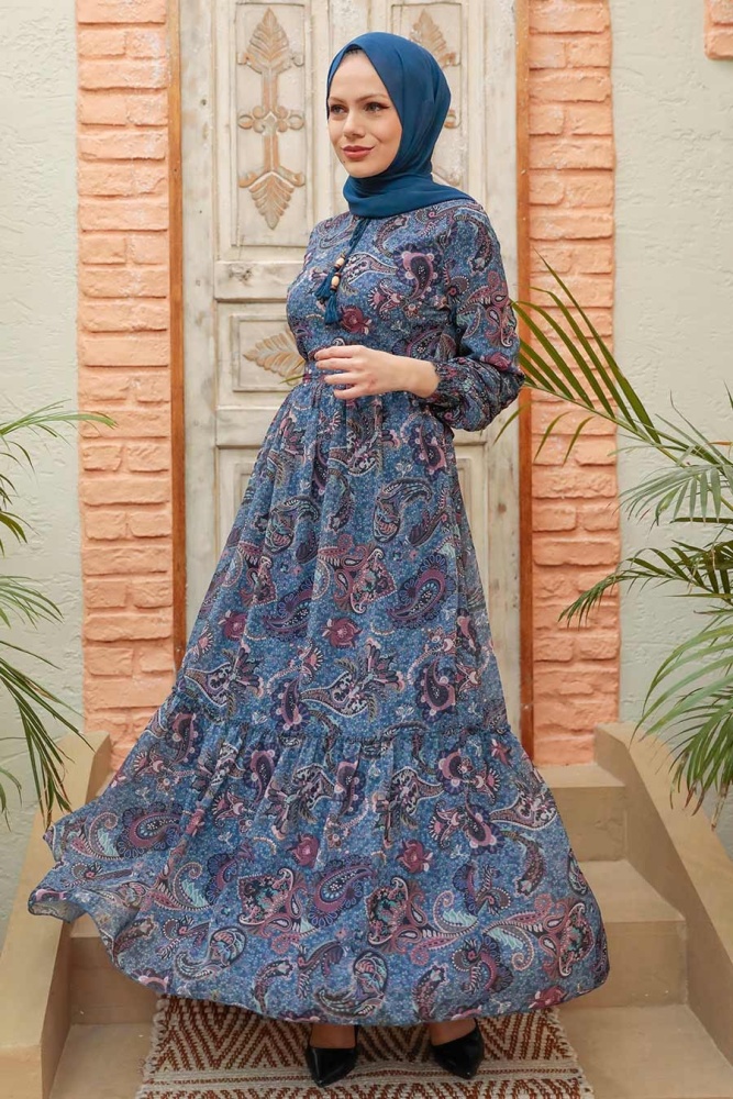 Neva Style - İndigo Blue Muslim Dress 3356IM - 2