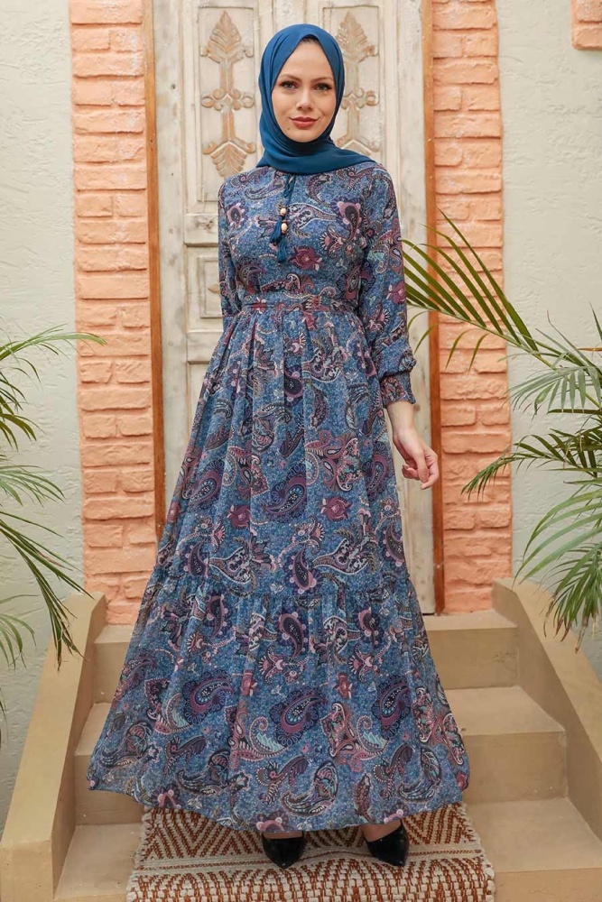 Neva Style - İndigo Blue Muslim Dress 3356IM - 3