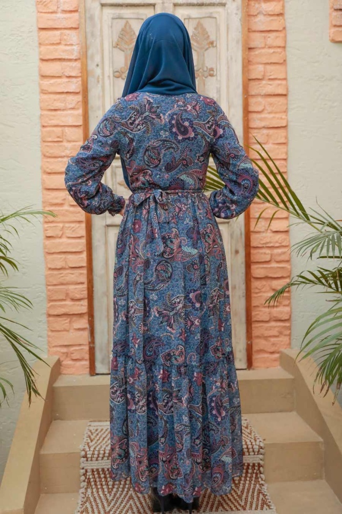 Neva Style - İndigo Blue Muslim Dress 3356IM - 6