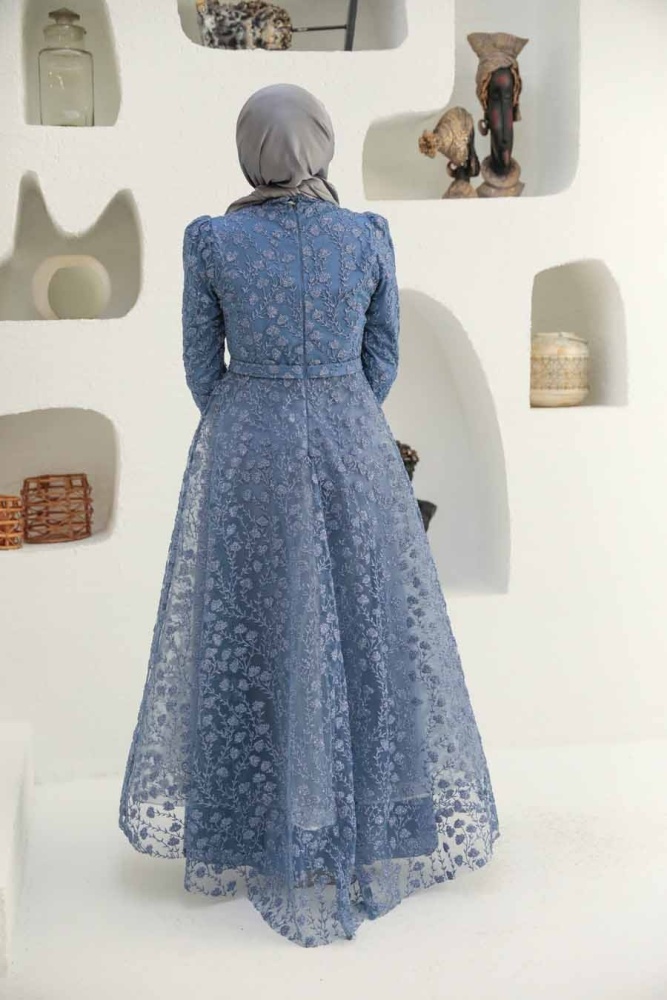 Neva Style - İndigo Blue Turkish Hijab Wedding Dress 22510IM - 2