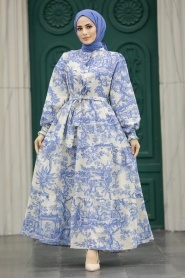Neva Style - İndigo Blue Women Dress 5888IM - Thumbnail