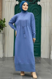 Neva Style - İndigo Mavisi Tesettür Merserize Elbise 10158IM - Thumbnail